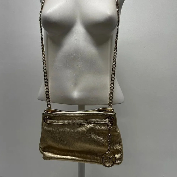 Michael Kors Shoulder Bag Metallic Gold Chain Leather Handbag Purse Medium - Picture 1 of 12